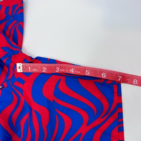 COVE, RED, LARGE BATHING SUIT/TRUNKS WITH BLUE STREAKS ALL OVER - Picture 11 of 16